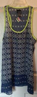 Deb Blue Geometric Print Sheer Racerback Tank Top with Neon Trim Size Large
